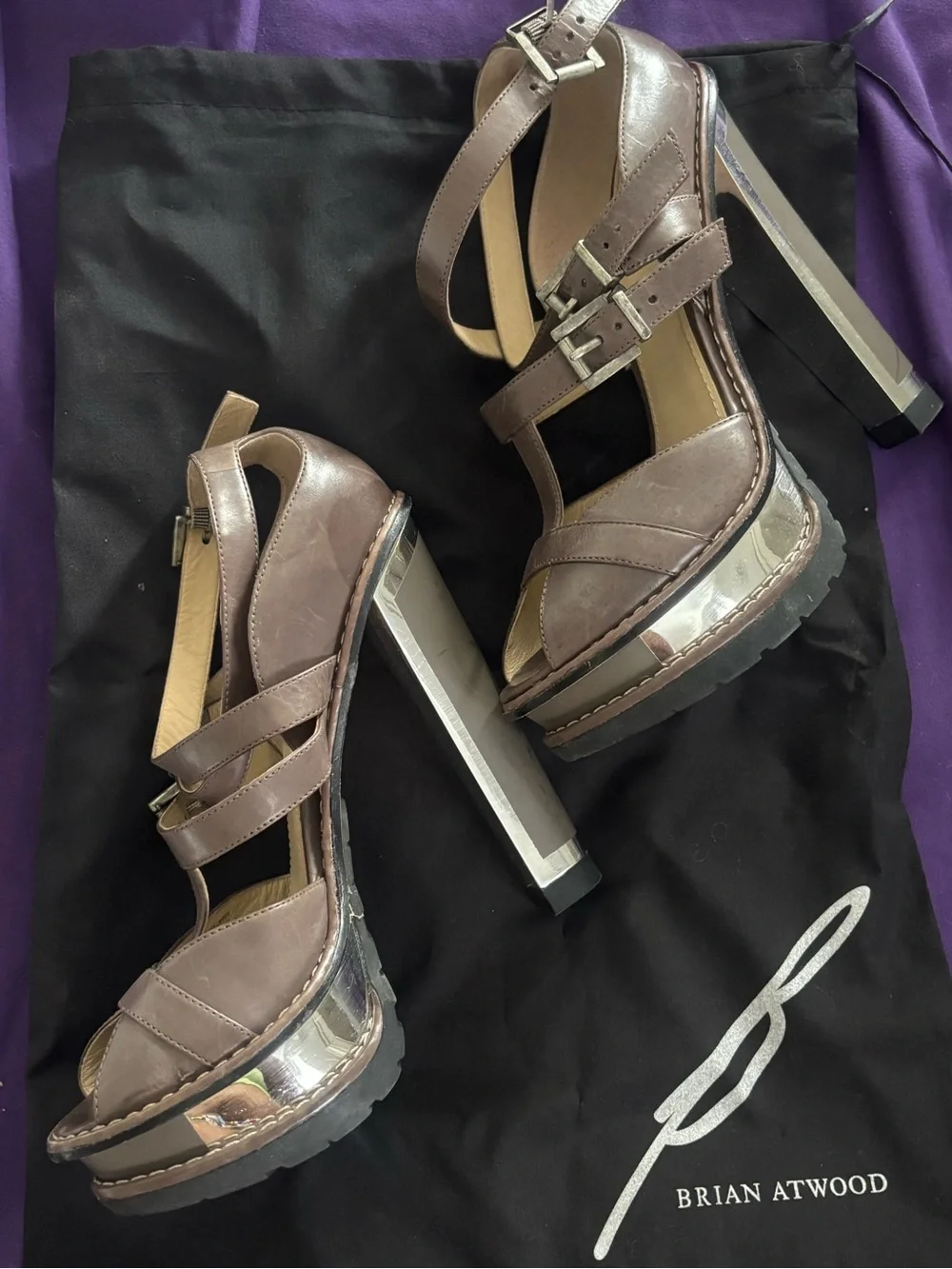 Brian Atwood Metallic-Trim Taupe Platform Sandals
